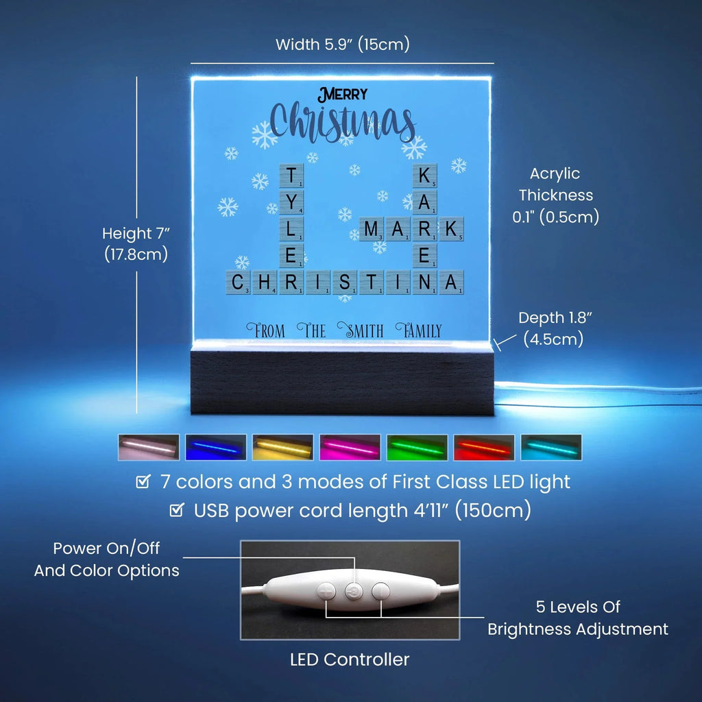 Personalized Crossword Puzzle Merry Christmas Acrylic Plaque with Lighted LED Wooden Base