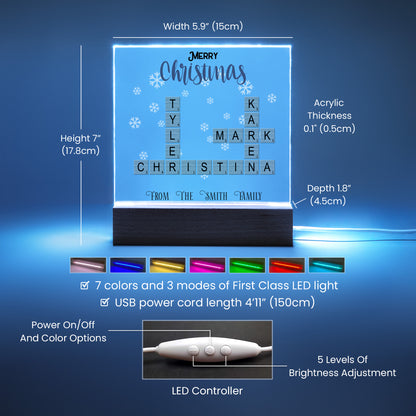 Personalized Crossword Puzzle Merry Christmas Acrylic Plaque with Lighted LED Wooden Base - Mallard Moon Gift Shop