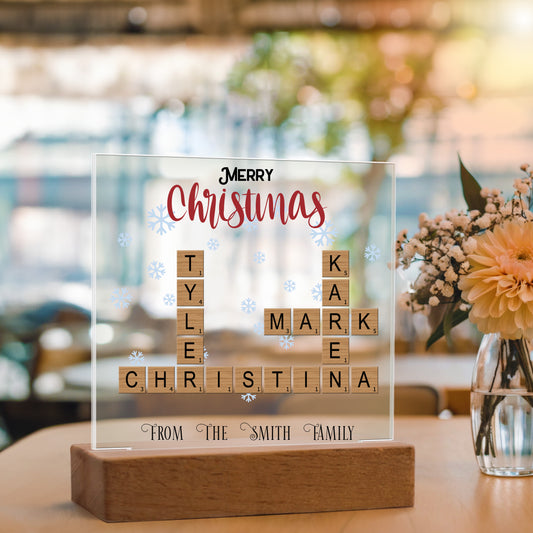 Personalized Crossword Puzzle Merry Christmas Acrylic Plaque with Lighted LED Wooden Base - Mallard Moon Gift Shop