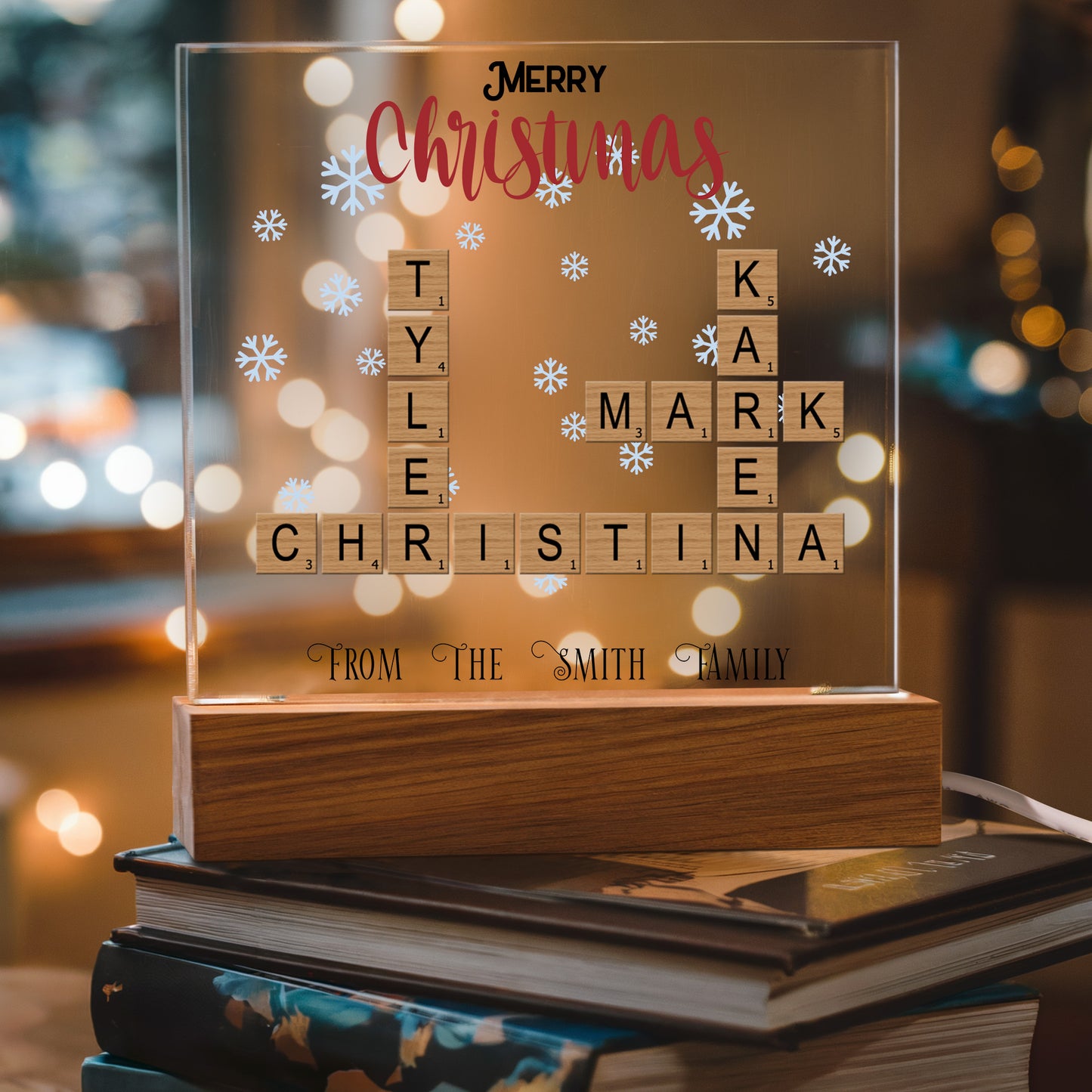 Personalized Crossword Puzzle Merry Christmas Acrylic Plaque with Lighted LED Wooden Base - Mallard Moon Gift Shop
