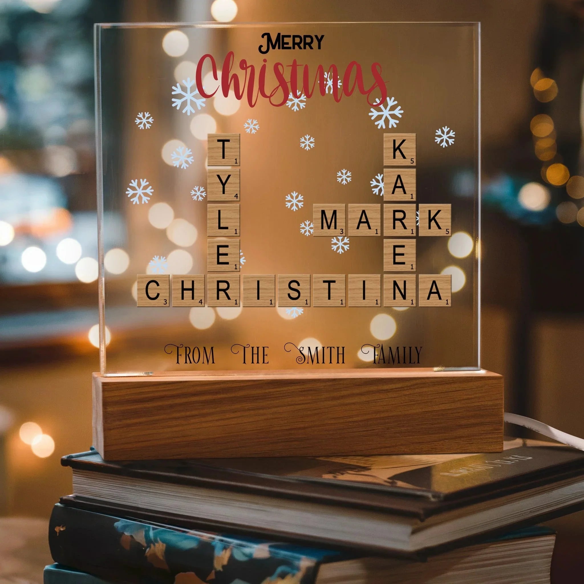 Personalized Crossword Puzzle Merry Christmas Acrylic Plaque with Lighted LED Wooden Base