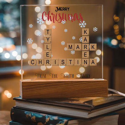 Personalized Crossword Puzzle Merry Christmas Acrylic Plaque with Lighted LED Wooden Base - Mallard Moon Gift Shop