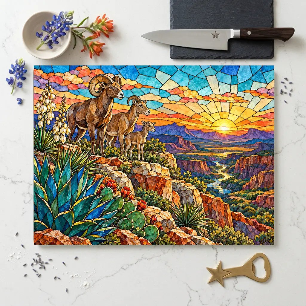 Bighorn Sheep Glass Cutting Board, Texas Wildlife Kitchen Decor, Stained Glass Desert Landscape, Southwestern Cutting Board, Wildlife Gift