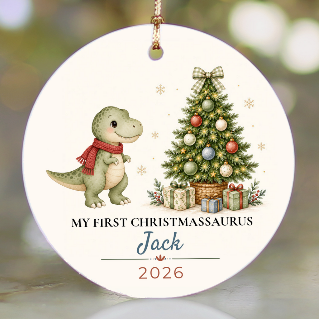 Personalized Dinosaur Christmas Ornament, Baby 1st 2nd 3rd Christmas, Custom Name Year, Christmassaurus Ceramic Keepsake