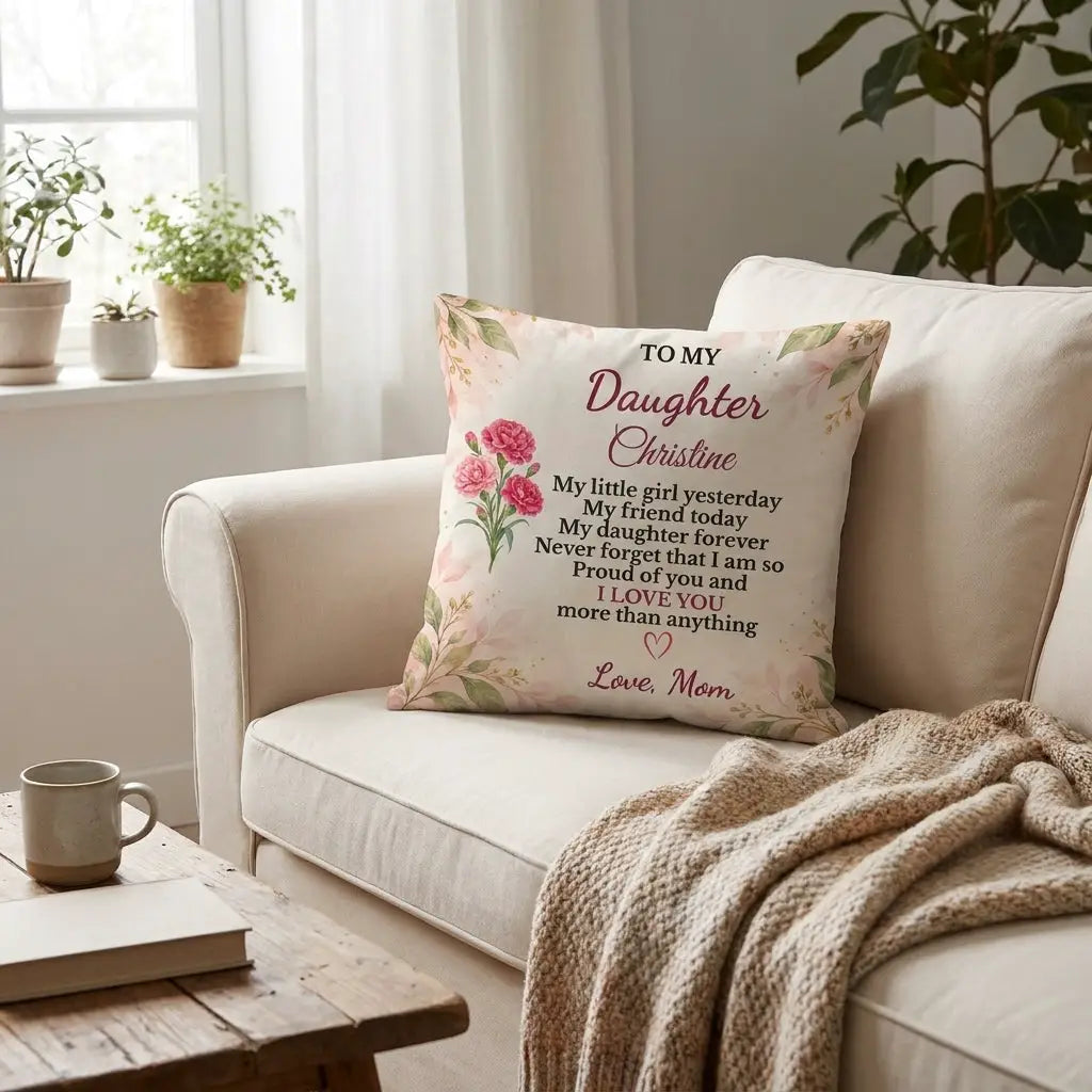 Daughter Personalized Birth Flower Pillow, Custom Name Gift from Mom, Sentimental Daughter Throw Pillow, Birthday Gift for Adult Daughter