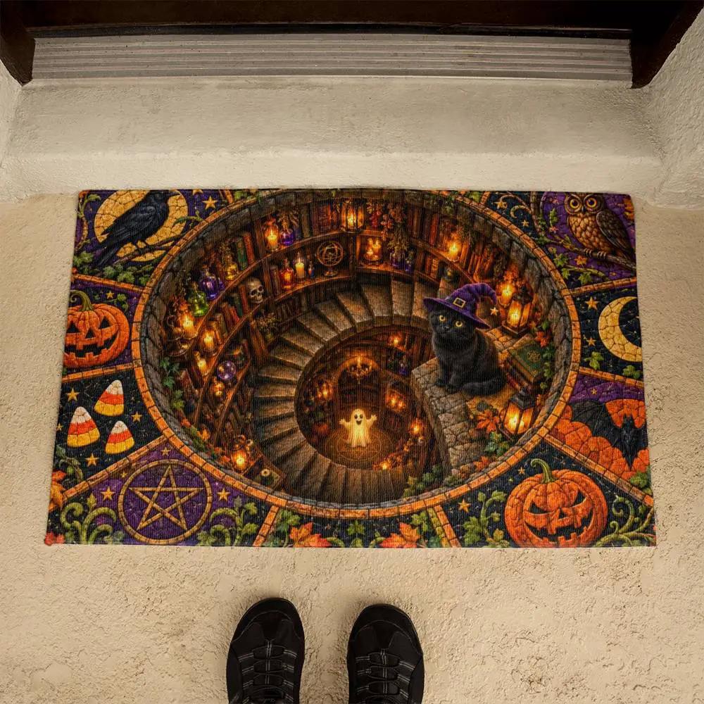 Black Cat 3D Halloween Doormat, Witchy Spiral Staircase Door Mat, Spooky Cat Welcome Mat, Pumpkin Halloween Porch Decor