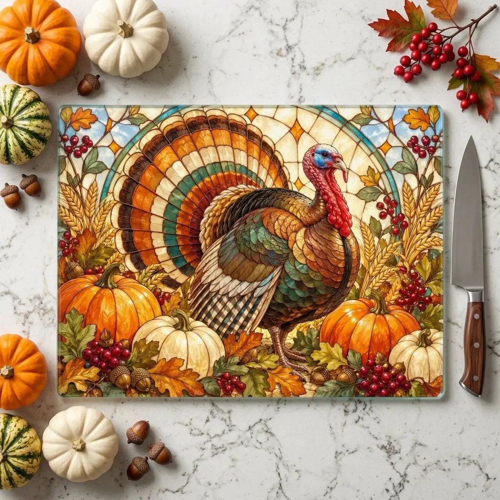 Thanksgiving Turkey Glass Cutting Board, Fall Harvest Kitchen Decor, Pumpkin Turkey Chopping Board, Thanksgiving Hostess Gift