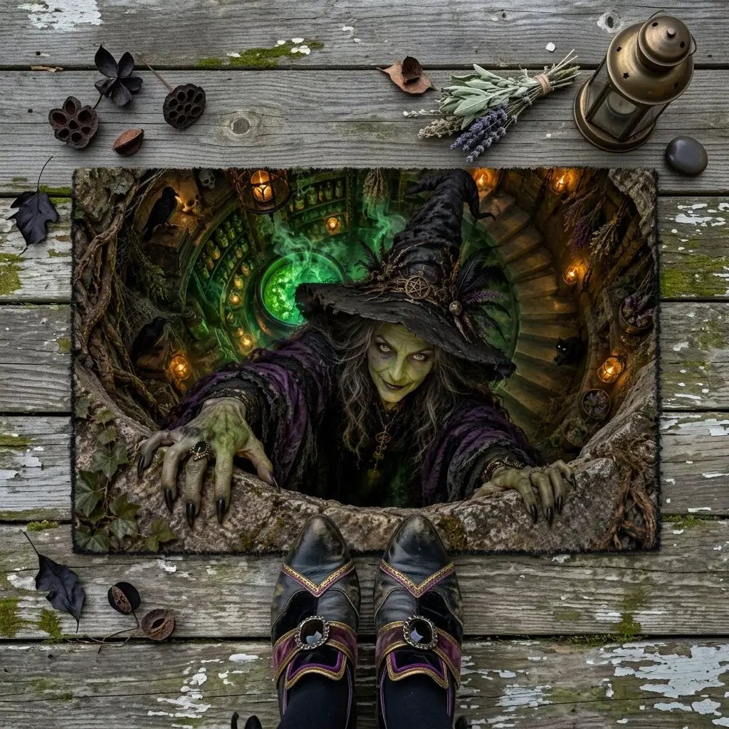 Witch Doormat, Halloween 3D Optical Illusion Door Mat, Witch Apothecary Cellar Welcome Mat, Spooky Porch Decor, Haunted House Entrance