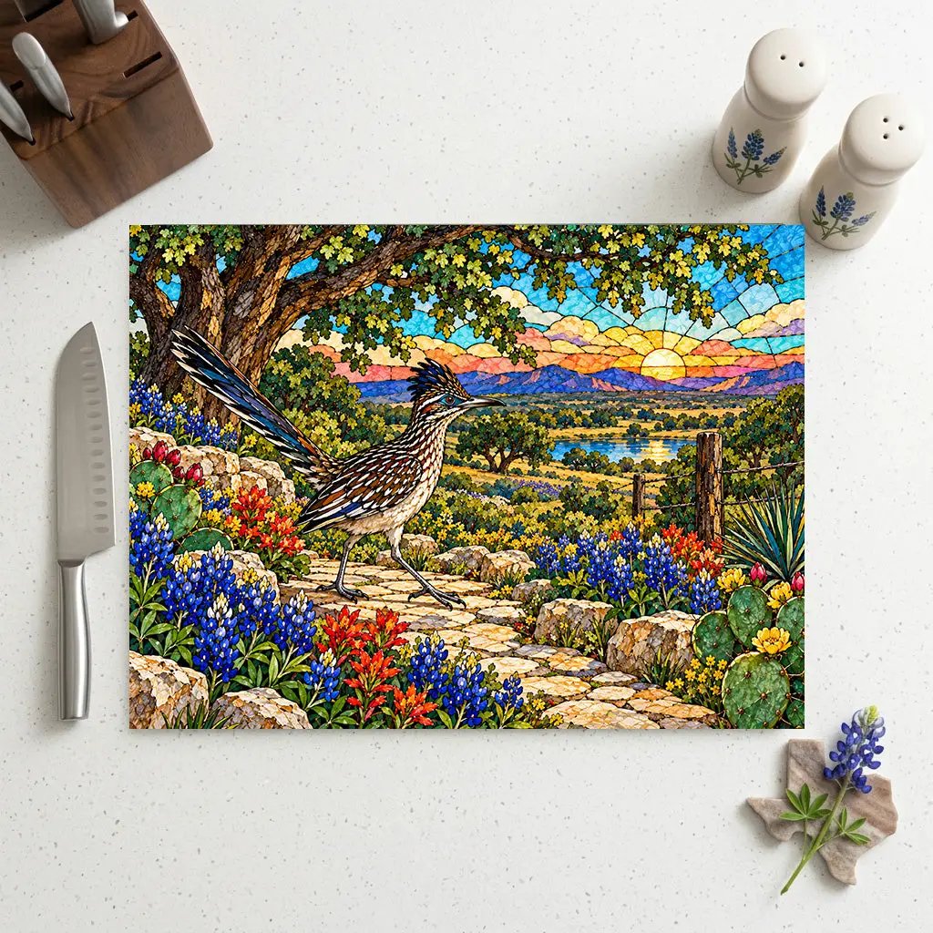 Texas Roadrunner Glass Cutting Board, Bluebonnet Kitchen Decor, Texas Wildflower Gift, Southwestern Kitchen Decor, Stained Glass Style