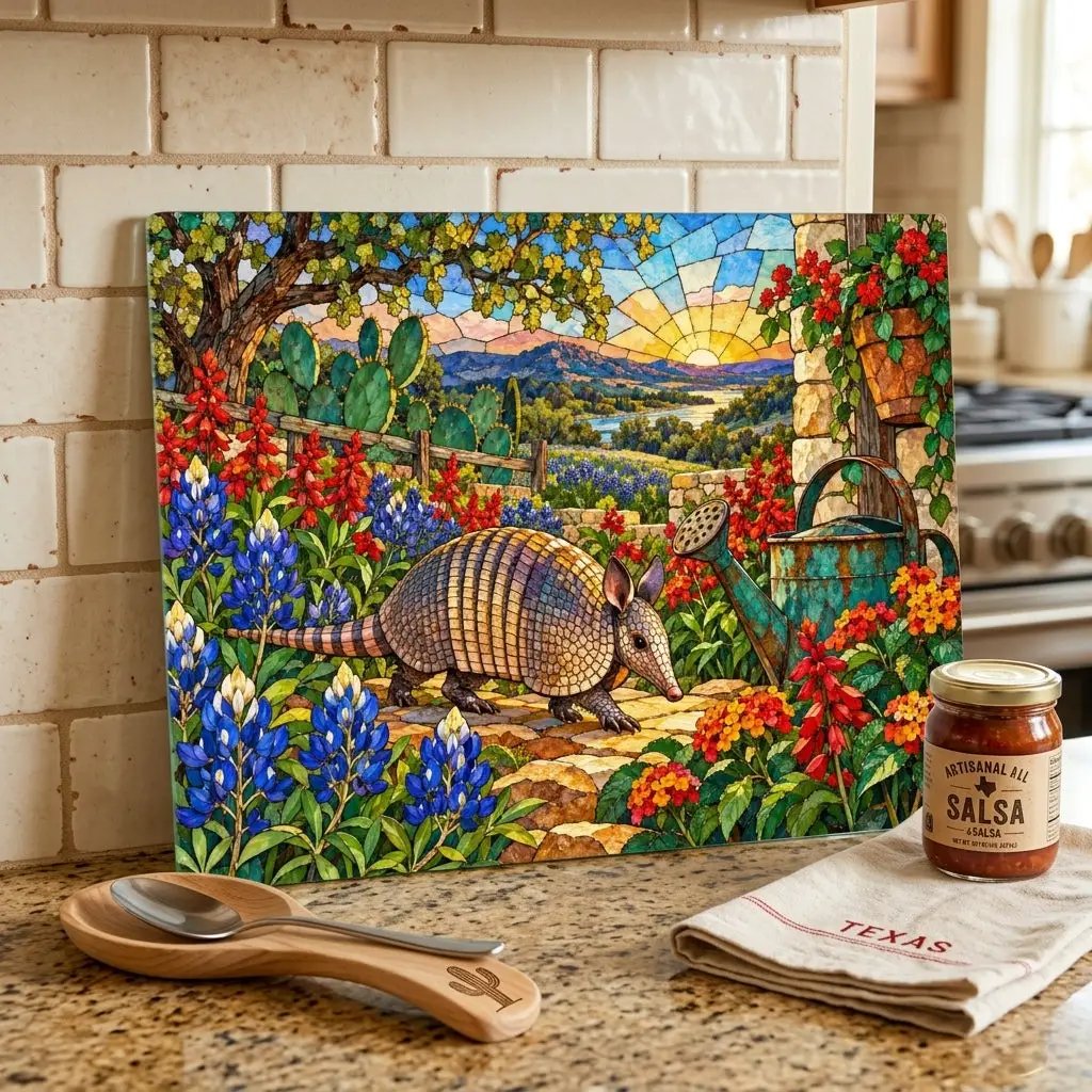 Texas Armadillo Glass Cutting Board, Stained Glass Bluebonnet Kitchen Decor, Colorful Lone Star State Gift