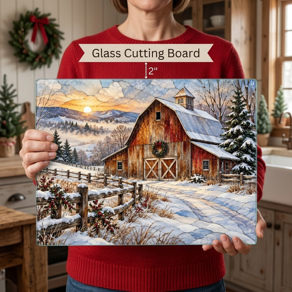 Snowfall Ridge Winter Barn Personalized Cutting Board, Country Farmhouse Kitchen Decor, Stained Glass Farm Scene, Rustic Christmas Gift, Custom Family Gift