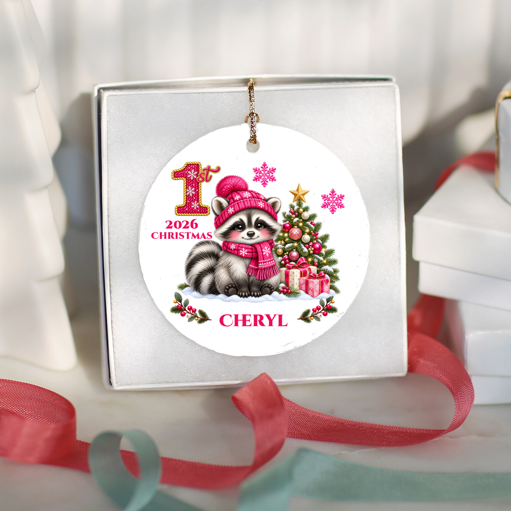 Baby Raccoon Personalized Christmas Ornament, First Christmas Keepsake, Pink Winter Animal Ceramic Tree Decoration, New Baby Gift 2026
