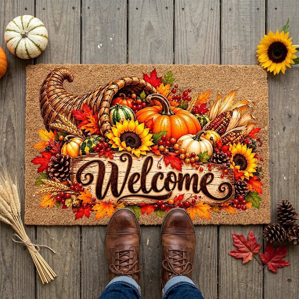 Thanksgiving Cornucopia Doormat, Fall Welcome Mat, Harvest Coir Door Mat, Pumpkin Sunflower Porch Decor, Autumn Front Door Decor