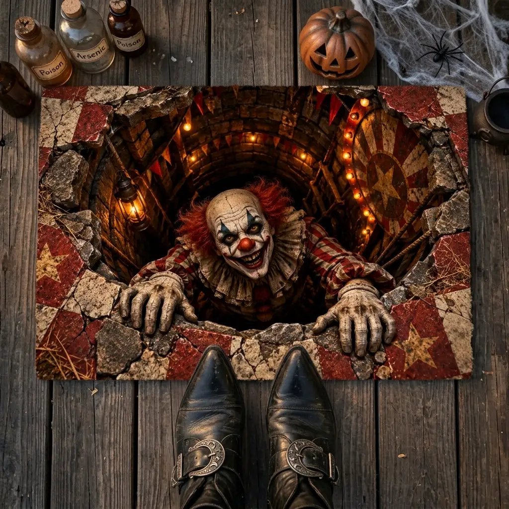 Creepy Clown Halloween Doormat,3D Scary Clown Optical Illusion Mat, Haunted Circus Door Mat, Horror Halloween Porch Decor