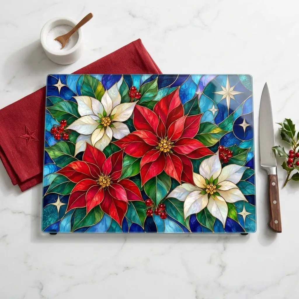 Christmas Poinsettia Glass Cutting Board, Stained Glass Floral Kitchen Decor, Holiday Serving Board, Festive Christmas Kitchen Gift