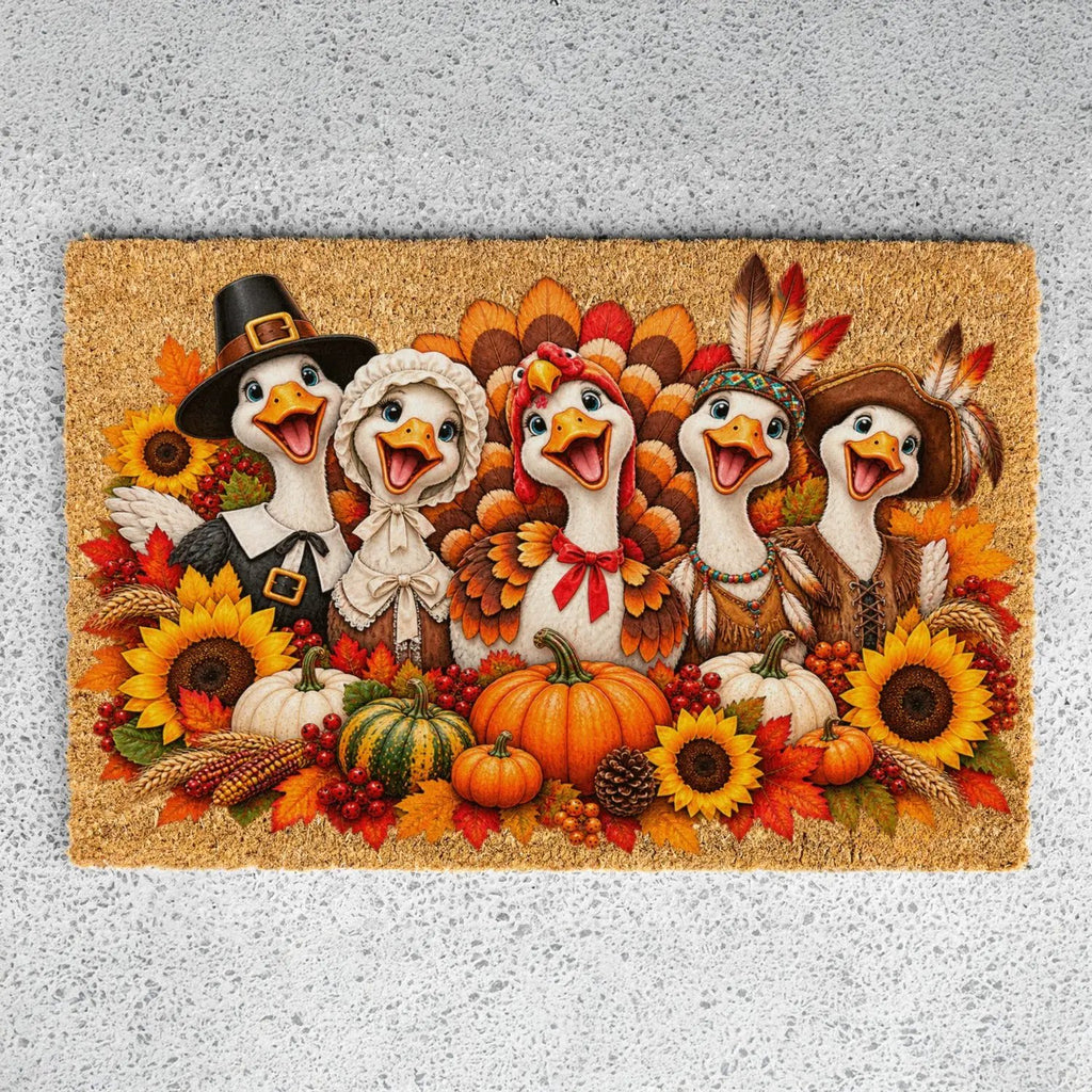 Thanksgiving Goose Doormat, Pilgrim Geese Welcome Mat, Funny Thanksgiving Porch Decor, Fall Coir Doormat, Harvest Front Door Mat