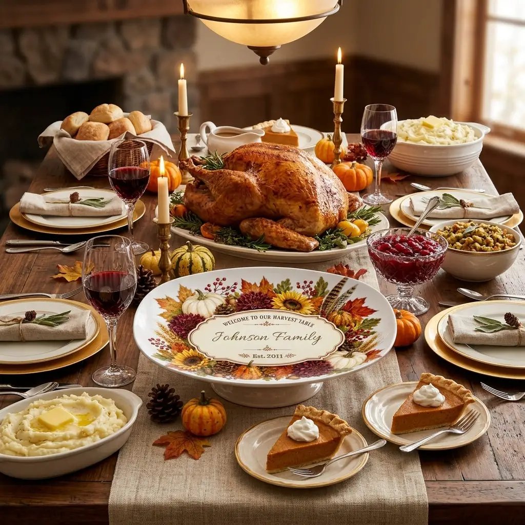 Personalized Thanksgiving Platter, Custom Family Name Harvest Serving Platter, Woodland Fall Decor, Pumpkin Sunflower Hostess Gift, 10x14