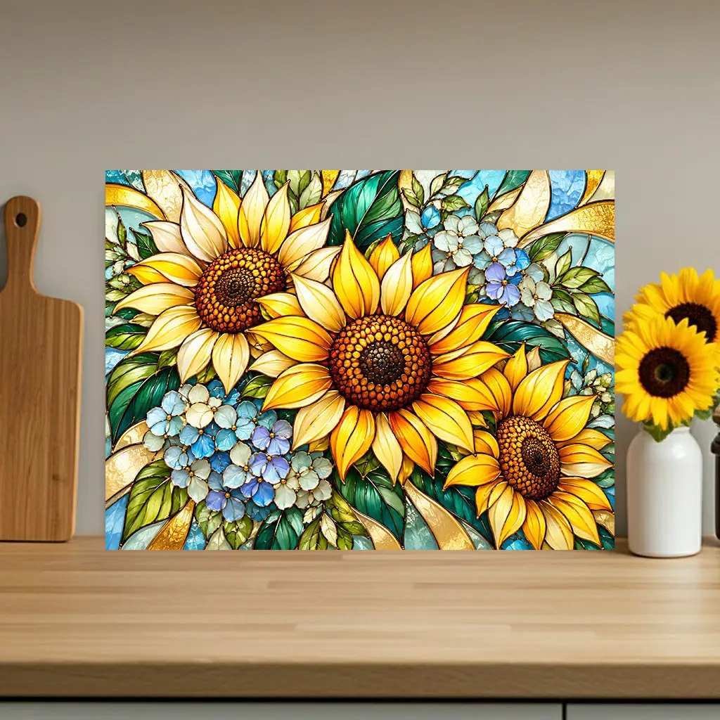 Sunflower Glass Cutting Board, Blue Hydrangea Kitchen Decor, Yellow Floral Cutting Board, Flower Lover Gift, Stained Glass Kitchen Art