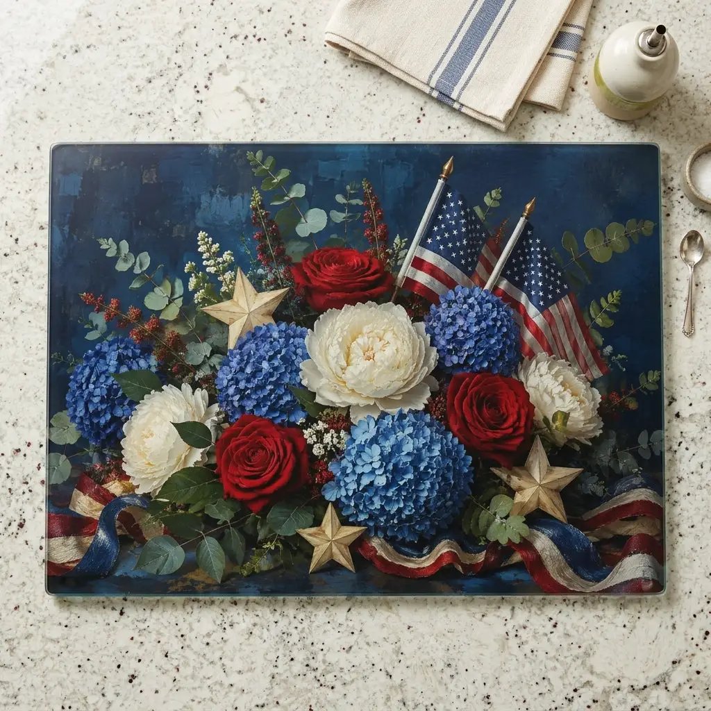 Patriotic Floral Cutting Board, American Flag Glass Cutting Board, Red White Blue Kitchen Decor, Americana Gift, 4th of July Decor