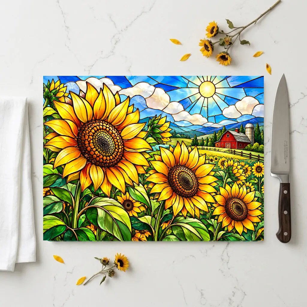 Sunflower Glass Cutting Board, Farmhouse Kitchen Decor, Country Sunflower Chopping Board, Stained Glass Floral Gift, Housewarming Gift