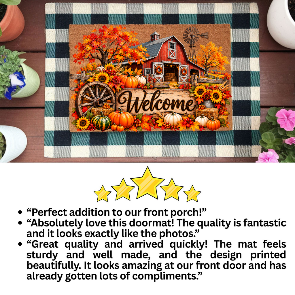 Fall Barn Welcome Doormat, Country Farmhouse Coir Mat, Autumn Pumpkin Door Mat, Harvest Porch Decor, Rustic Thanksgiving Welcome Mat