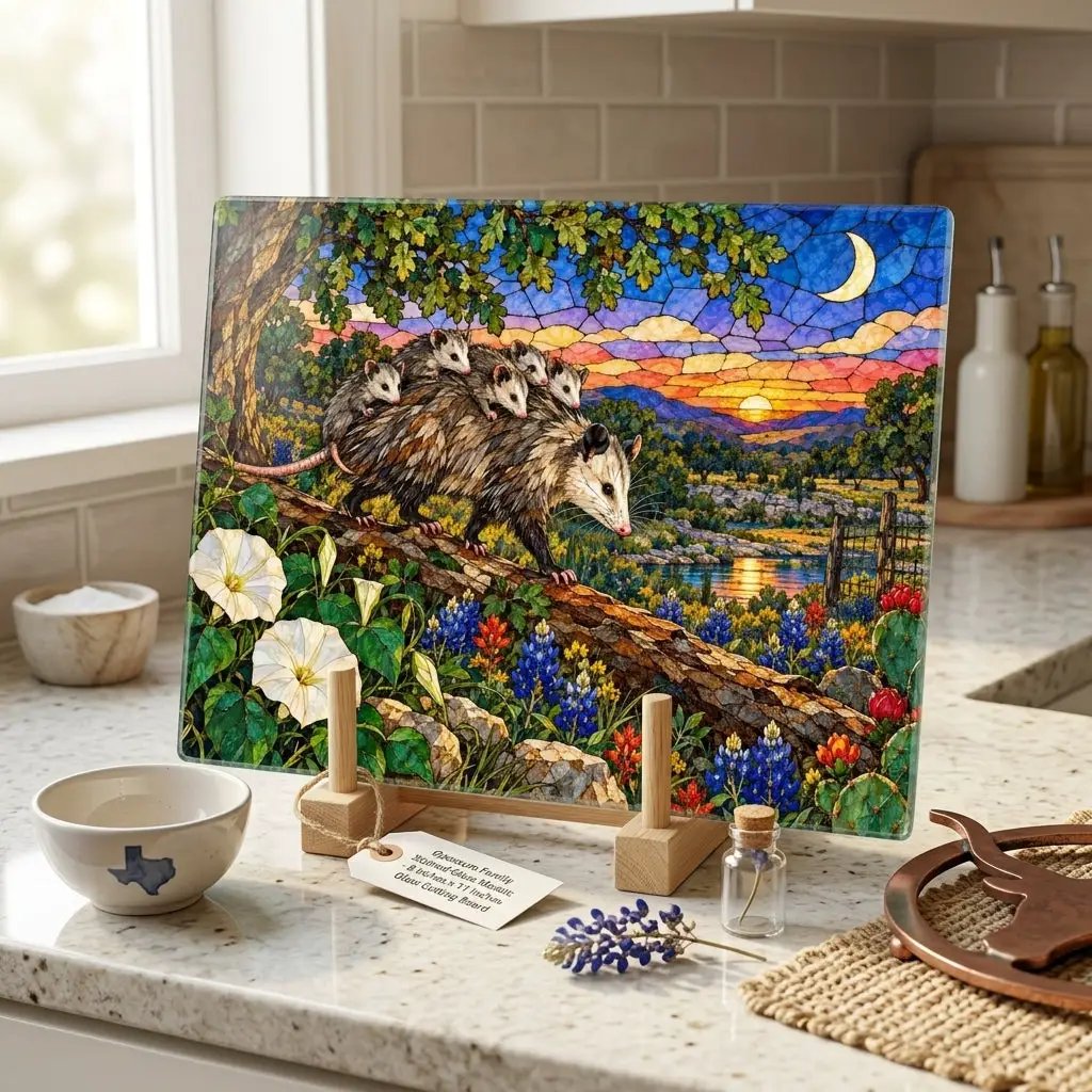 Possum Family Glass Cutting Board, Opossum Mom and Babies Gift, Texas Wildlife Kitchen Decor, Possum Lover Gift, Country Kitchen Art