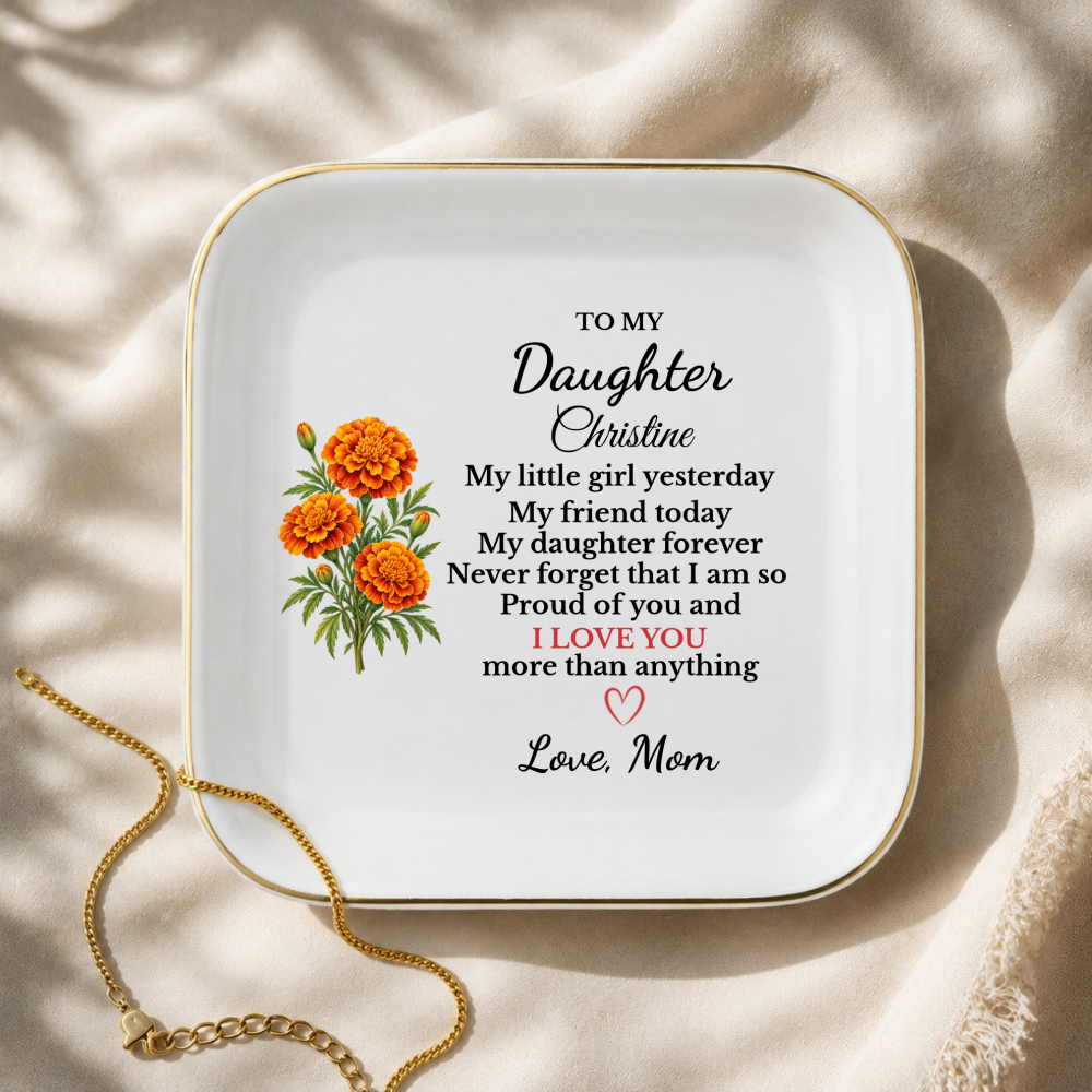 Personalized Daughter Birth Flower Jewelry Dish, Custom Name Trinket Tray, Sentimental Gift from Mom, Birthday Gift for Adult Daughter