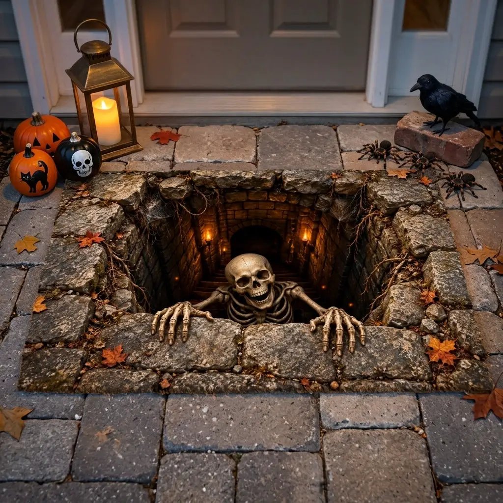 Skeleton Halloween Doormat, 3D Stairwell Illusion Door Mat, Creepy Skeleton Welcome Mat, Spooky Halloween Porch Decor