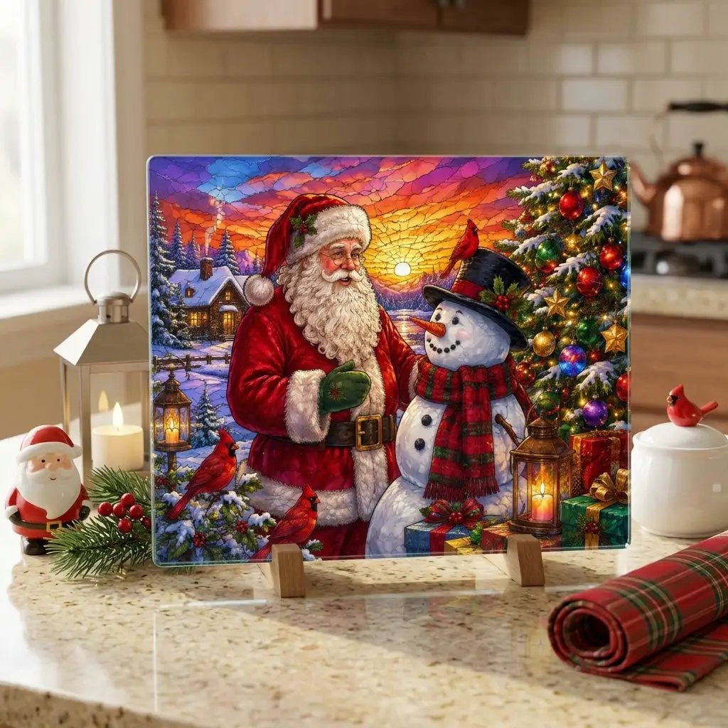 Santa and Snowman Glass Cutting Board, Christmas Kitchen Decor, Cardinal Holiday Gift, Stained Glass Christmas Serving Board, Santa Decor