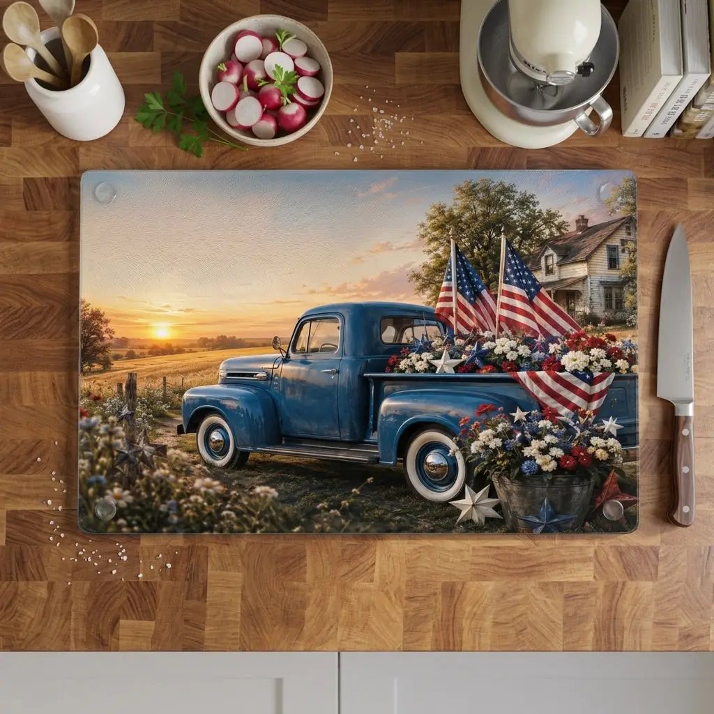 Vintage Blue Truck Patriotic Glass Cutting Board, Americana Kitchen Decor, Fourth of July Cutting Board, Farmhouse USA Decor