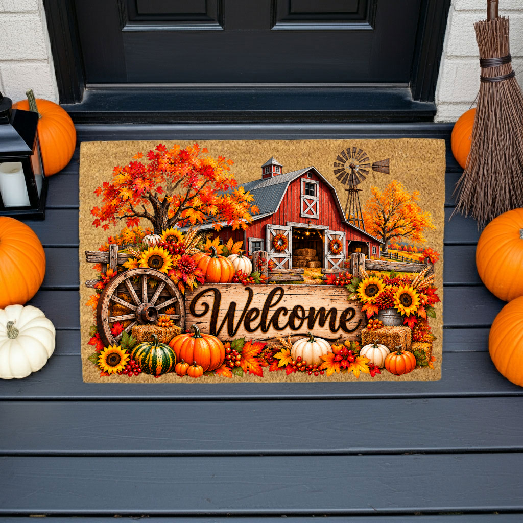 Fall Barn Welcome Doormat, Country Farmhouse Coir Mat, Autumn Pumpkin Door Mat, Harvest Porch Decor, Rustic Thanksgiving Welcome Mat