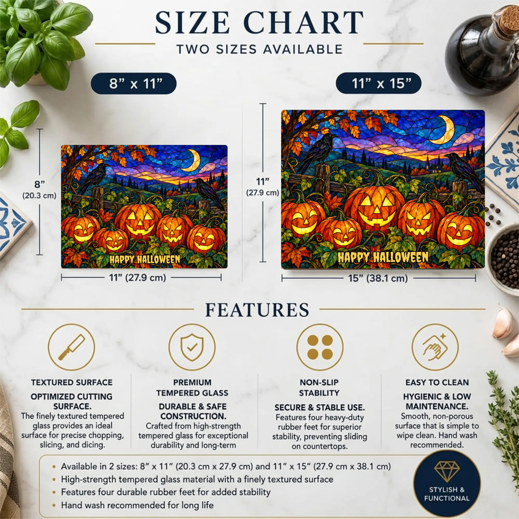 Halloween Jack O Lantern Personalized Glass Cutting Board, Spooky Pumpkin Patch Kitchen Decor