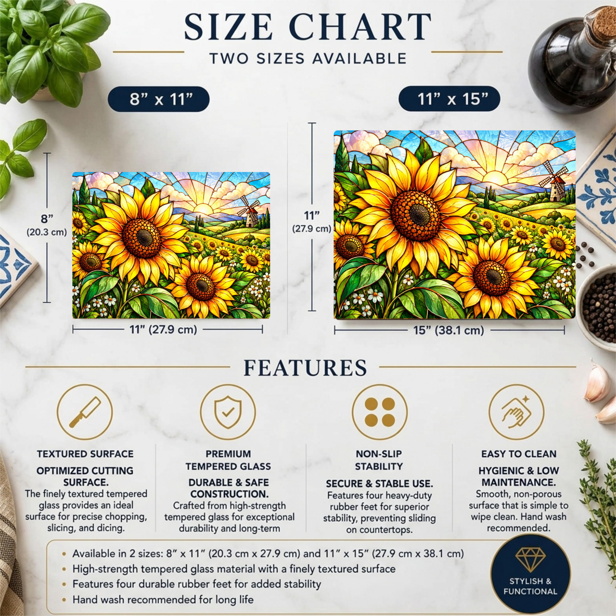 Sunflower Glass Cutting Board, Windmill Kitchen Decor, Sunflower Meadow Cutting Board, Country Floral Gift, Stained Glass Kitchen Art