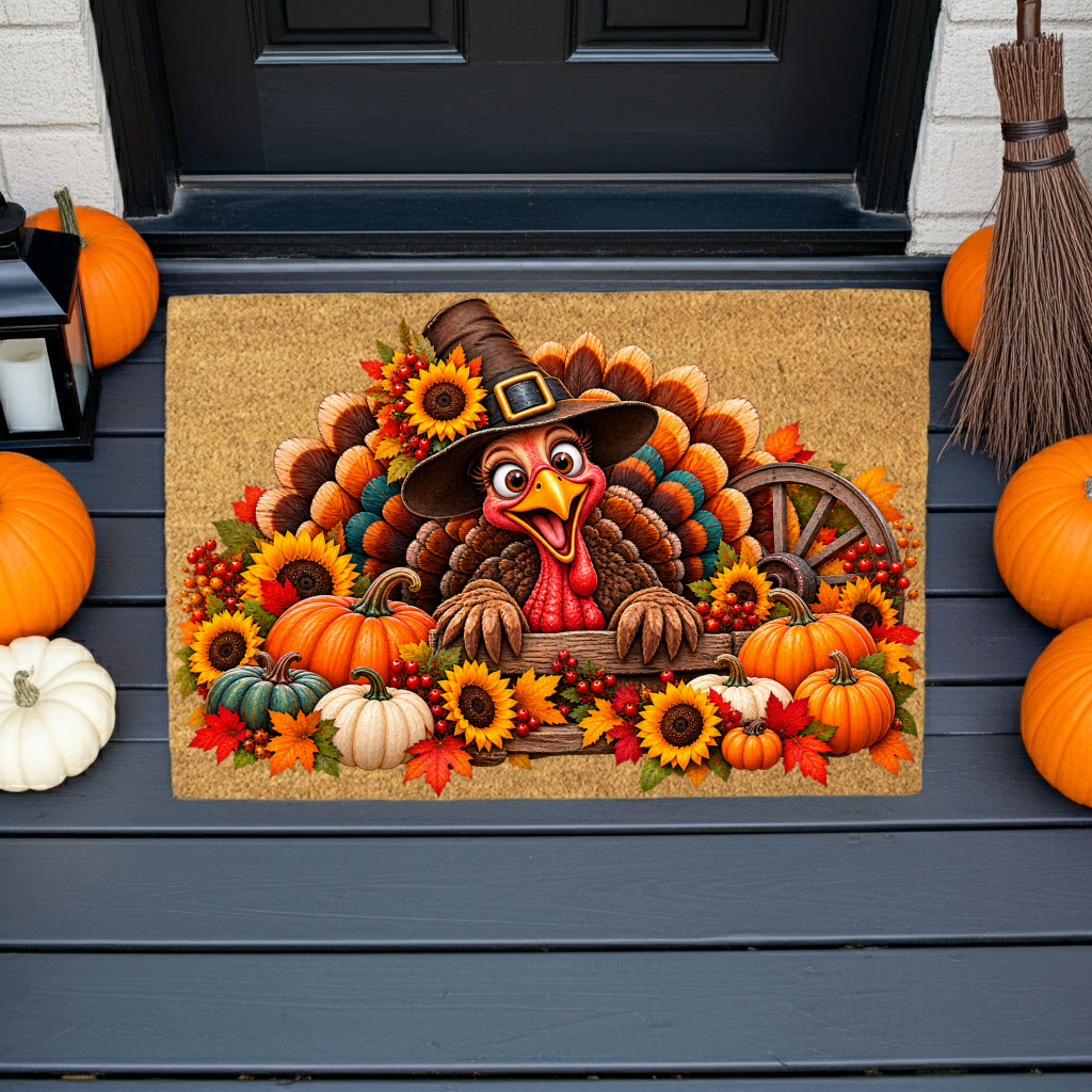 Thanksgiving Turkey Doormat, Funny Turkey Coir Mat, Fall Harvest Welcome Mat, Pumpkin & Sunflower Porch Decor, Thanksgiving Door Mat