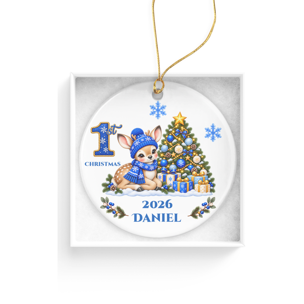 Fawn Baby Personalized Christmas Ornament, Baby's 1st 2nd 3rd Christmas, Custom Name Year Ceramic Keepsake, Boy or Girl Gift