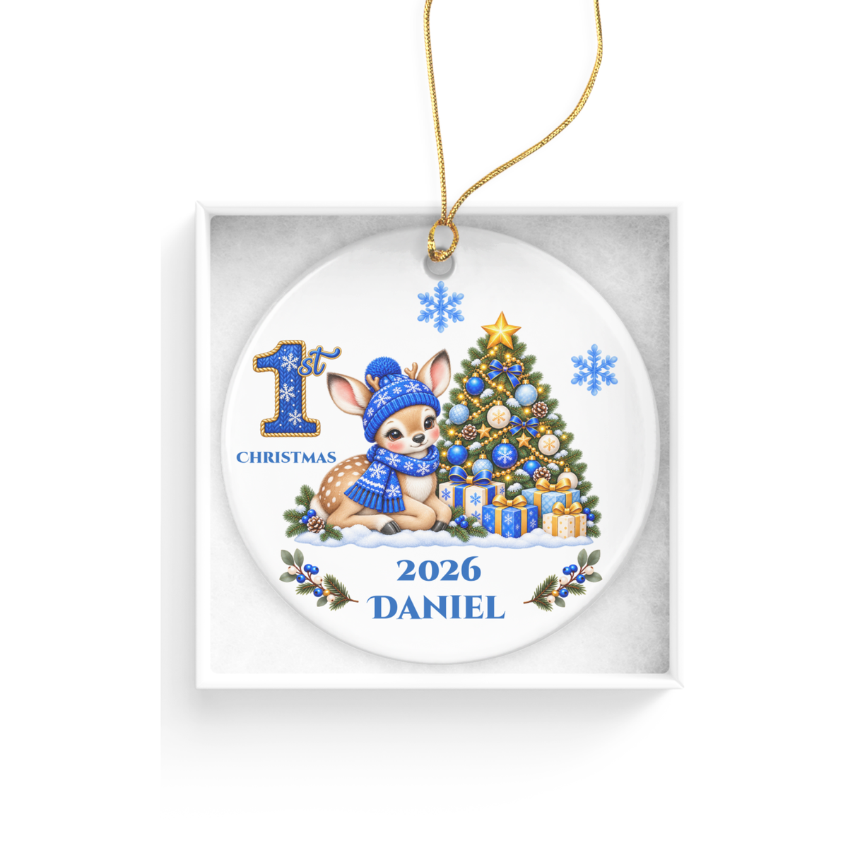 Fawn Baby Personalized Christmas Ornament, Baby's 1st 2nd 3rd Christmas, Custom Name Year Ceramic Keepsake, Boy or Girl Gift