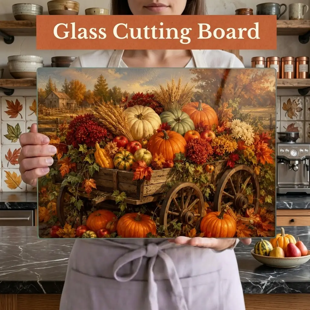 Fall Harvest Wagon Glass Cutting Board, Rustic Farmhouse Kitchen Decor, Pumpkin Cutting Board, Thanksgiving Gift