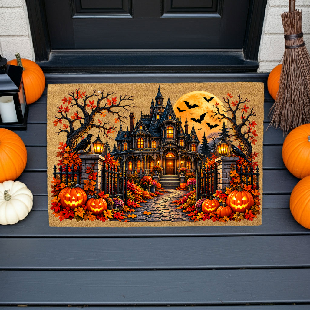 Spooky Mansion Doormat, Haunted House Halloween Welcome Mat, Raven & Pumpkin Coir Doormat, Gothic Fall Porch Decor, Halloween Door Mat