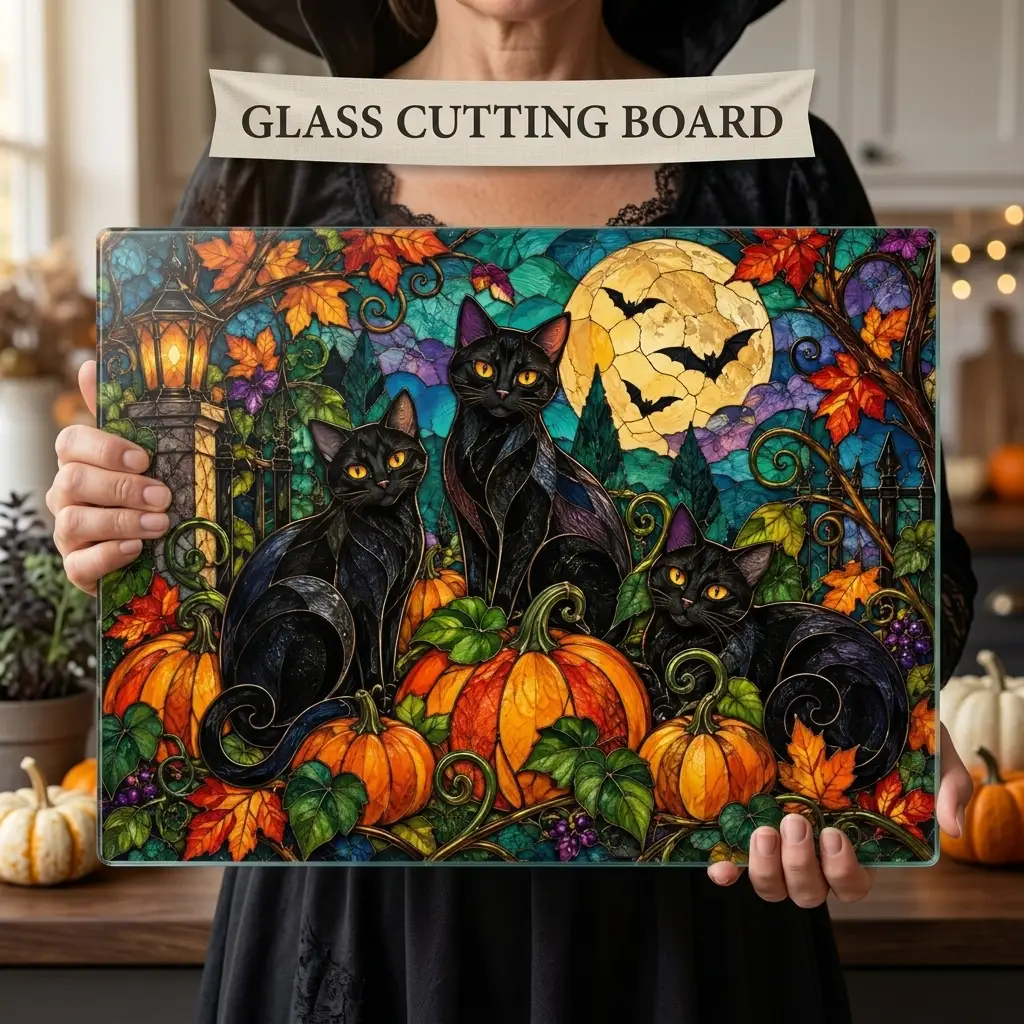 Halloween Black Cats Personalized Glass Cutting Board, Spooky Pumpkin Kitchen Decor