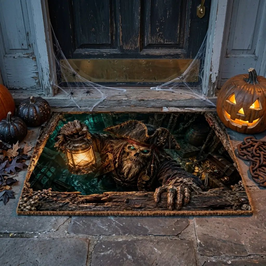 Pirate Doormat, Ghost Ship 3D Optical Illusion Door Mat, Haunted Pirate Halloween Mat, Skeleton Pirate Porch Decor, Spooky Welcome Mat
