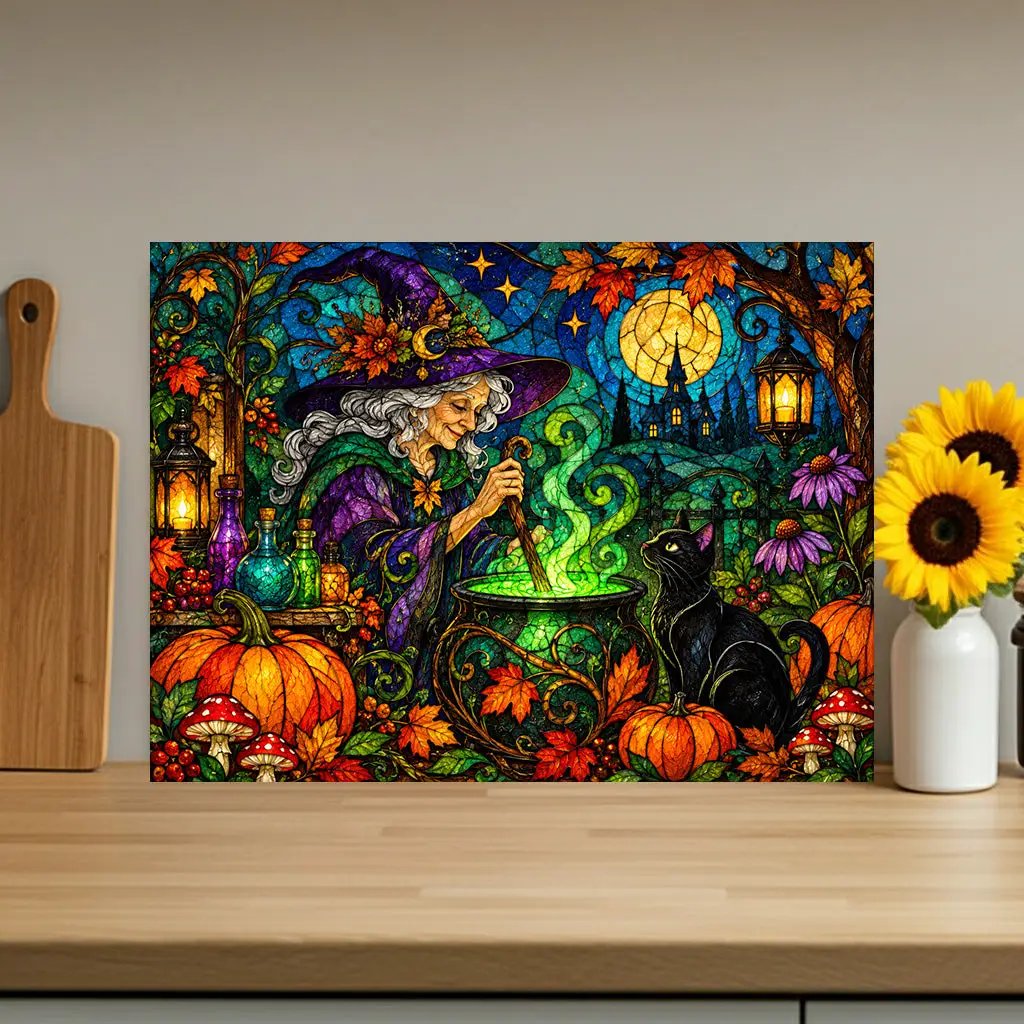 Halloween Witch Cauldron Personalized Glass Cutting Board, Spooky Black Cat Kitchen Decor