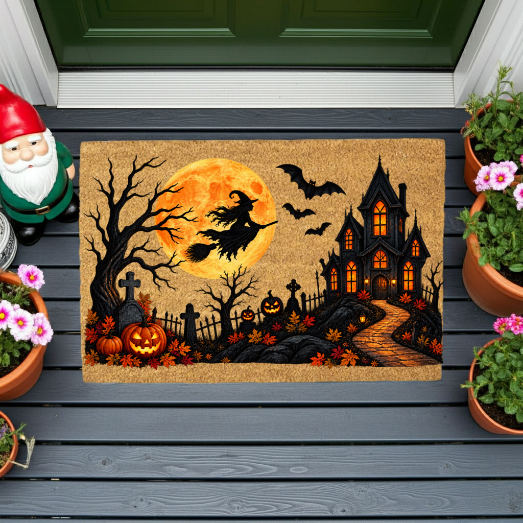 Halloween Witch Doormat, Haunted House Coir Welcome Mat, Spooky Graveyard Porch Decor, Full Moon Halloween Door Mat, Fall Entryway Decor