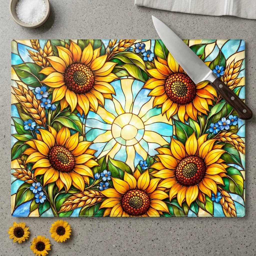 Sunflower Glass Cutting Board, Stained Glass Sunflower Wreath, Floral Kitchen Decor, Yellow Flower Gift, Cheerful Kitchen Art