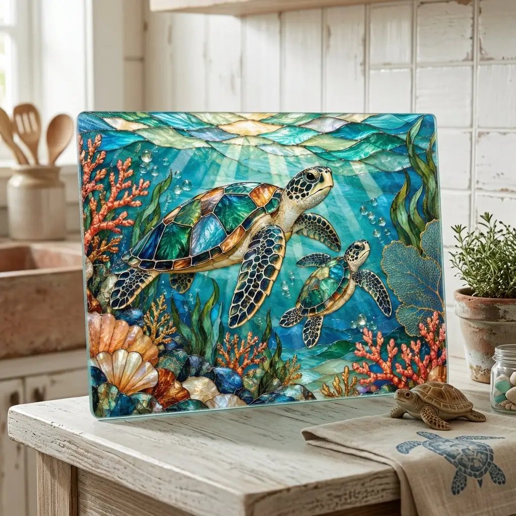 Sea Turtle Cutting Board, Ocean Kitchen Decor, Marine Life Glass Chopping Board, Coastal Sea Turtle Gift, Coral Reef Kitchen Art Piece