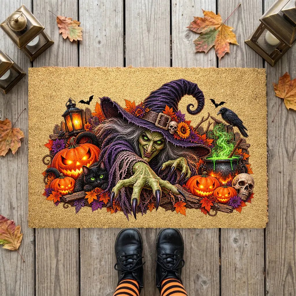 Horror Witch Doormat, Scary Halloween Coir Mat, Creepy Witch & Black Cat Welcome Mat, Pumpkin Porch Decor, Haunted House Door Mat