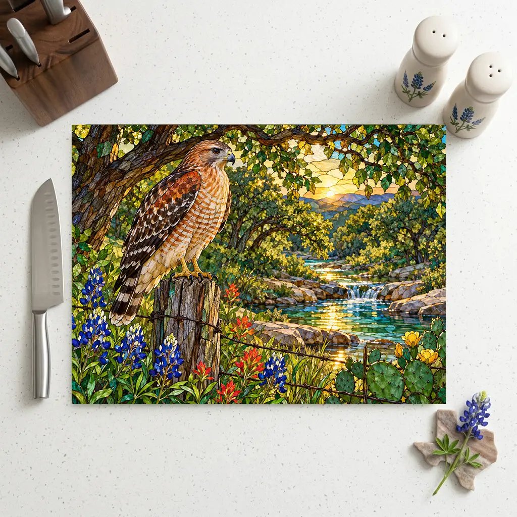 Red-Shouldered Hawk Glass Cutting Board, Bird Lover Kitchen Decor, Wildlife Art Chopping Board, Nature-Inspired Hostess Gift for Birdwatcher