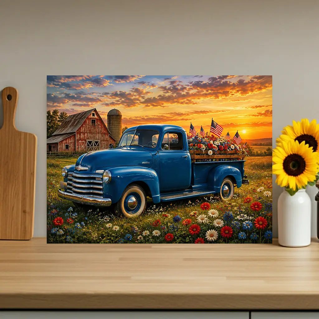 Vintage Blue Truck Glass Cutting Board, Patriotic Country Kitchen Decor, American Flag Farmhouse Gift, Rustic Patriotic USA Decor