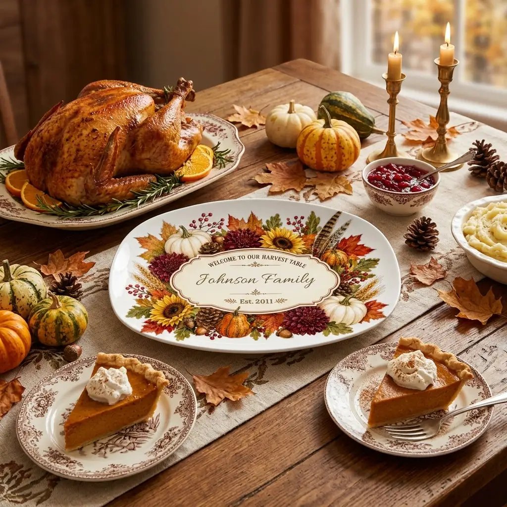 Personalized Thanksgiving Platter, Custom Family Name Harvest Serving Platter, Woodland Fall Decor, Pumpkin Sunflower Hostess Gift, 10x14