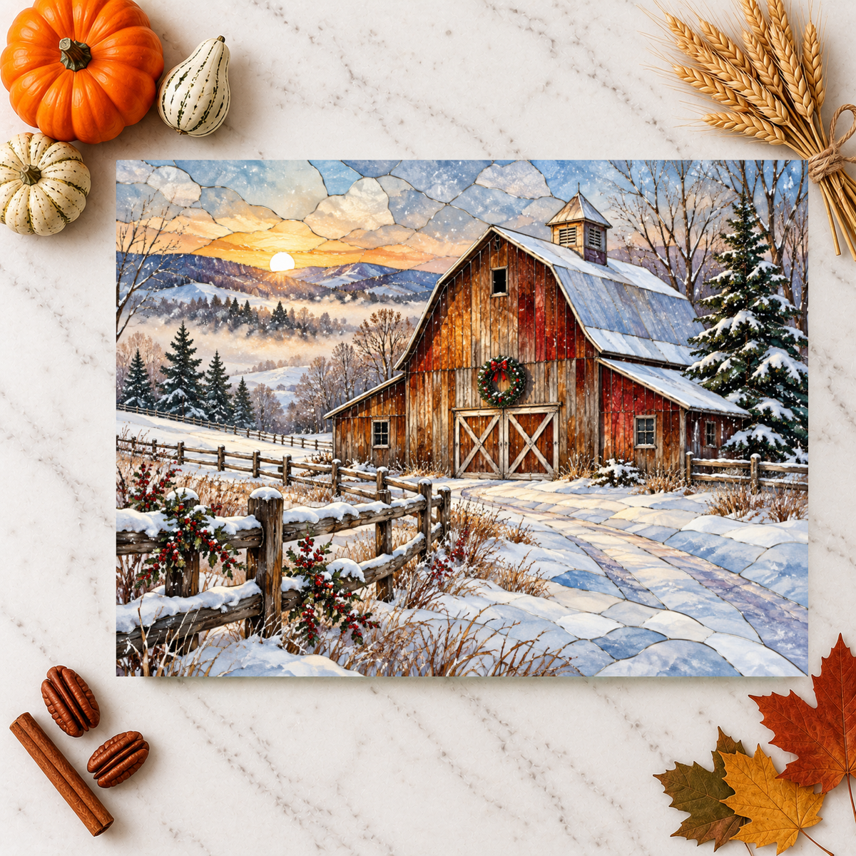 Snowfall Ridge Winter Barn Personalized Cutting Board, Country Farmhouse Kitchen Decor, Stained Glass Farm Scene, Rustic Christmas Gift, Custom Family Gift