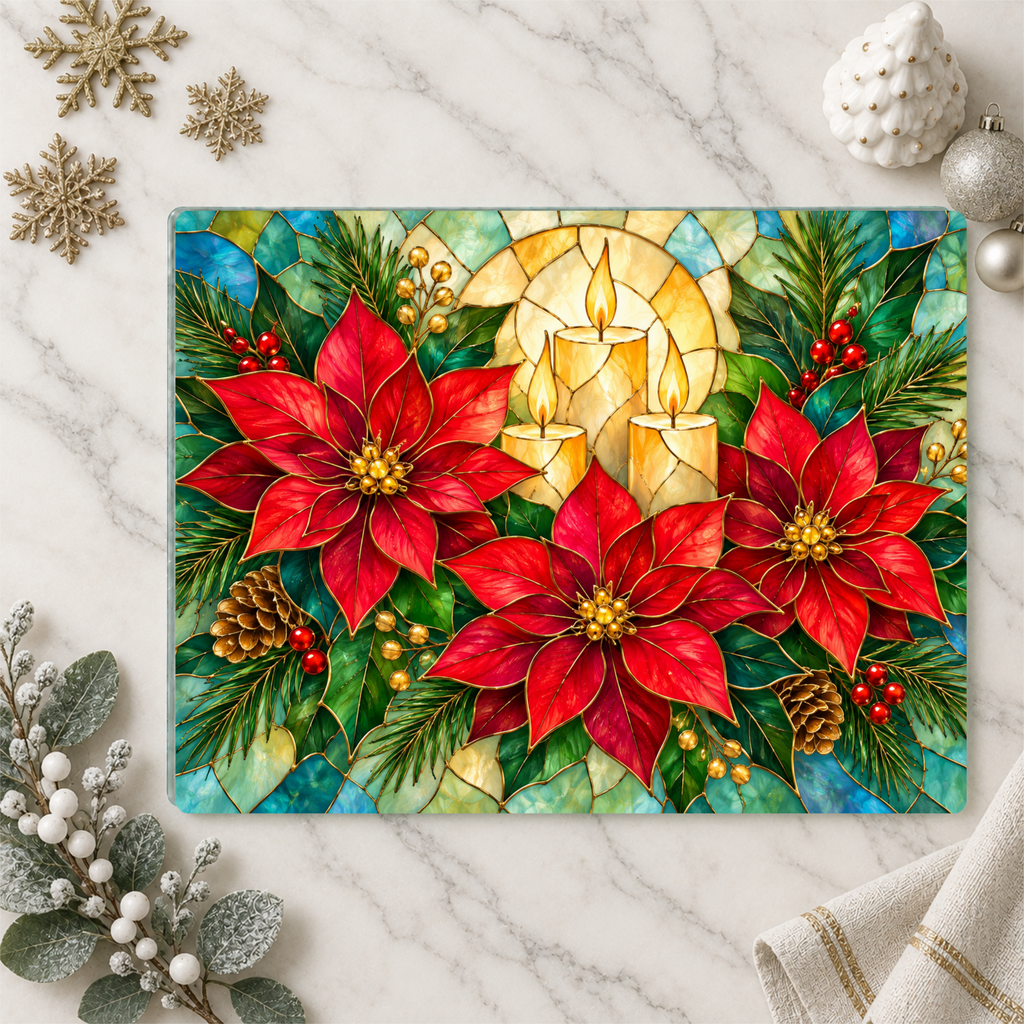 Christmas Poinsettia Glass Cutting Board, Holiday Candle Kitchen Decor, Tempered Chopping Board, Festive Winter Kitchen Gift Idea